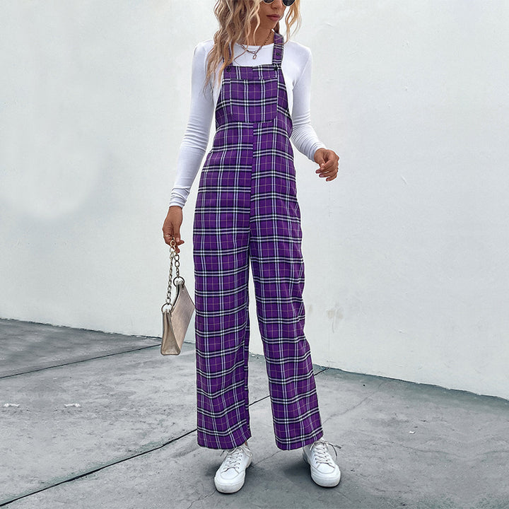 Women's Casual Checkered Jumpsuit with Wide Leg and Adjustable Straps Mune Fashion