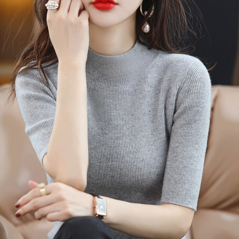 Women's Short Sleeve Fine Knit Sweater with Stand-Up Collar and Tailored Fit Mune Fashion