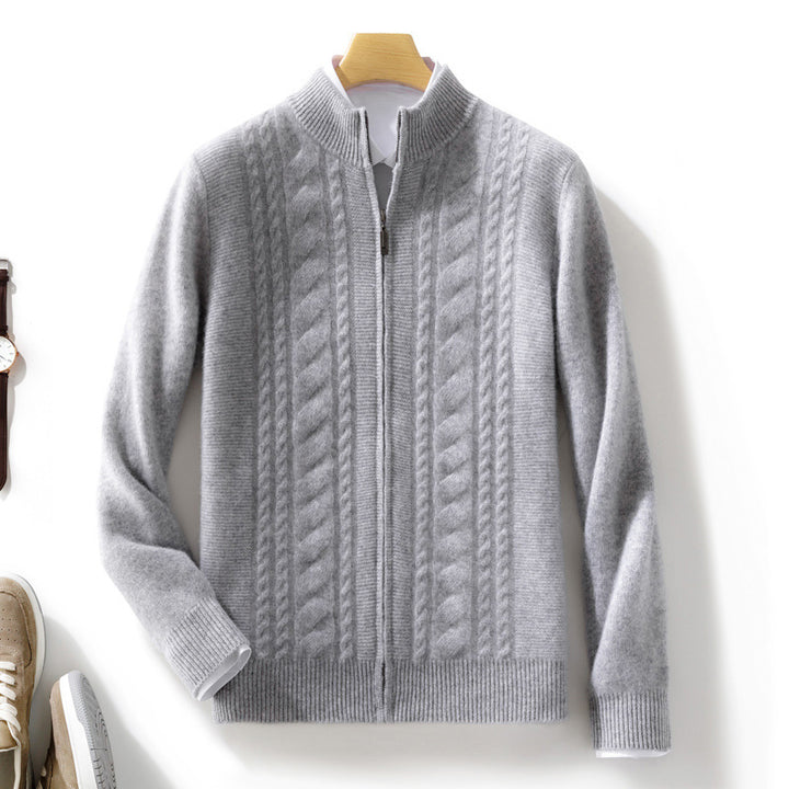 Men's zip-up knitted cardigan with cable pattern and stand-up collar Mune Fashion