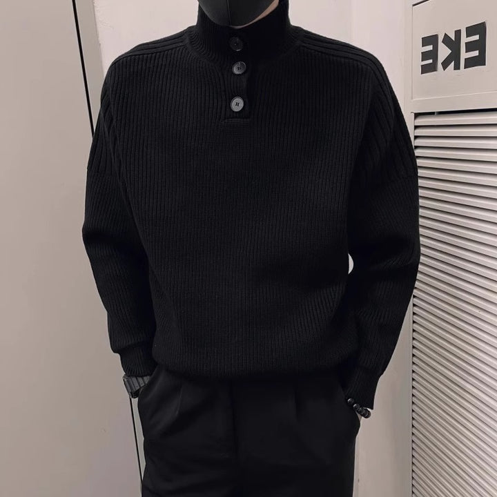 Men's Relaxed Rib Knit Sweater with Half Button Stand Collar Mune Fashion