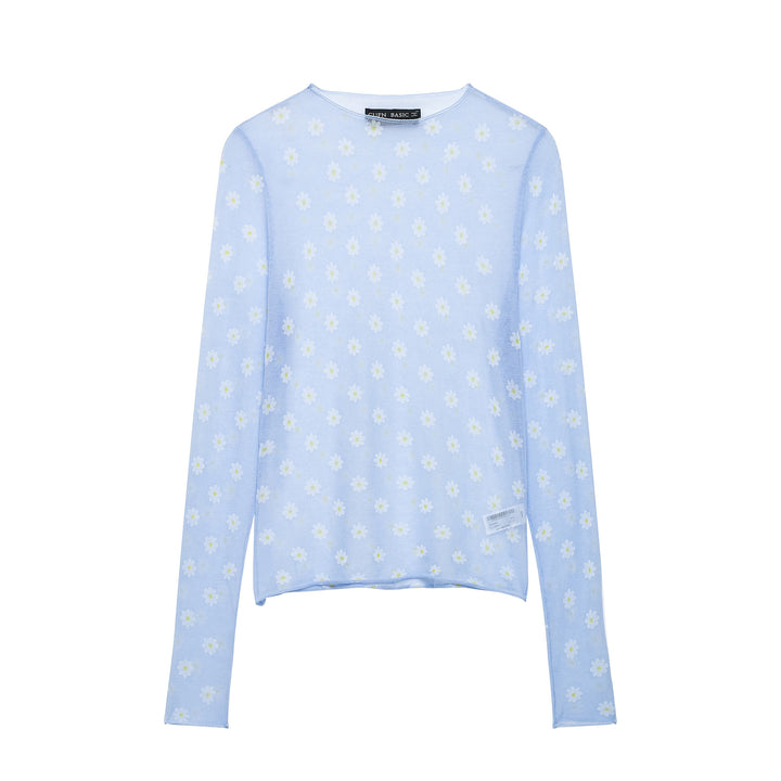 Women Fine Transparent Mesh Long Sleeve with Allover Daisy Print and Round Neckline Mune Fashion