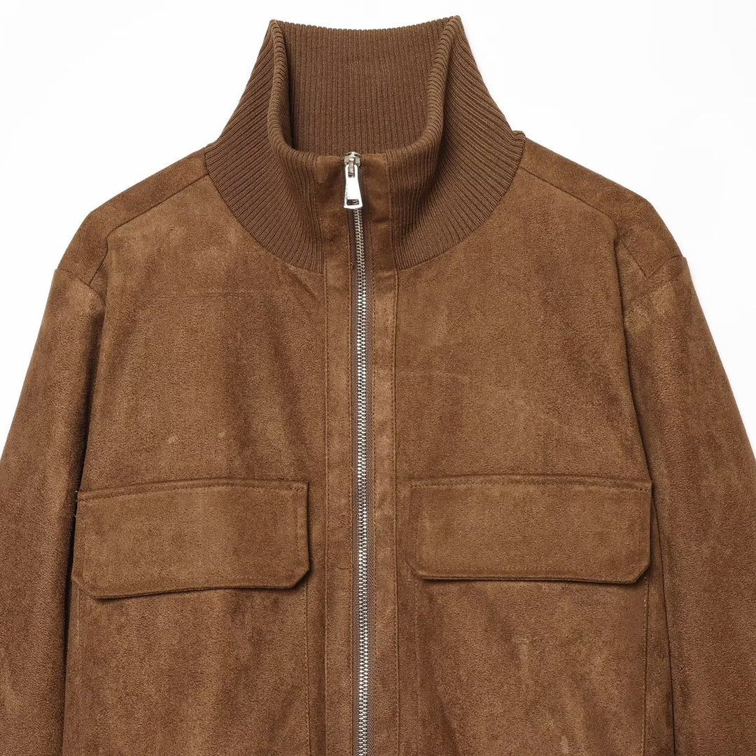 Women's suede look bomber jacket with ribbed collar and patch pockets Mune Fashion