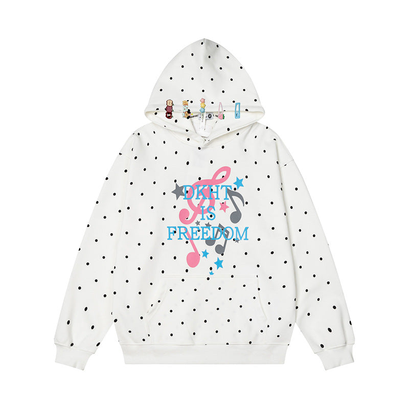 Women's hoodie with polka dot, musical note print and kangaroo pocket Mune Fashion