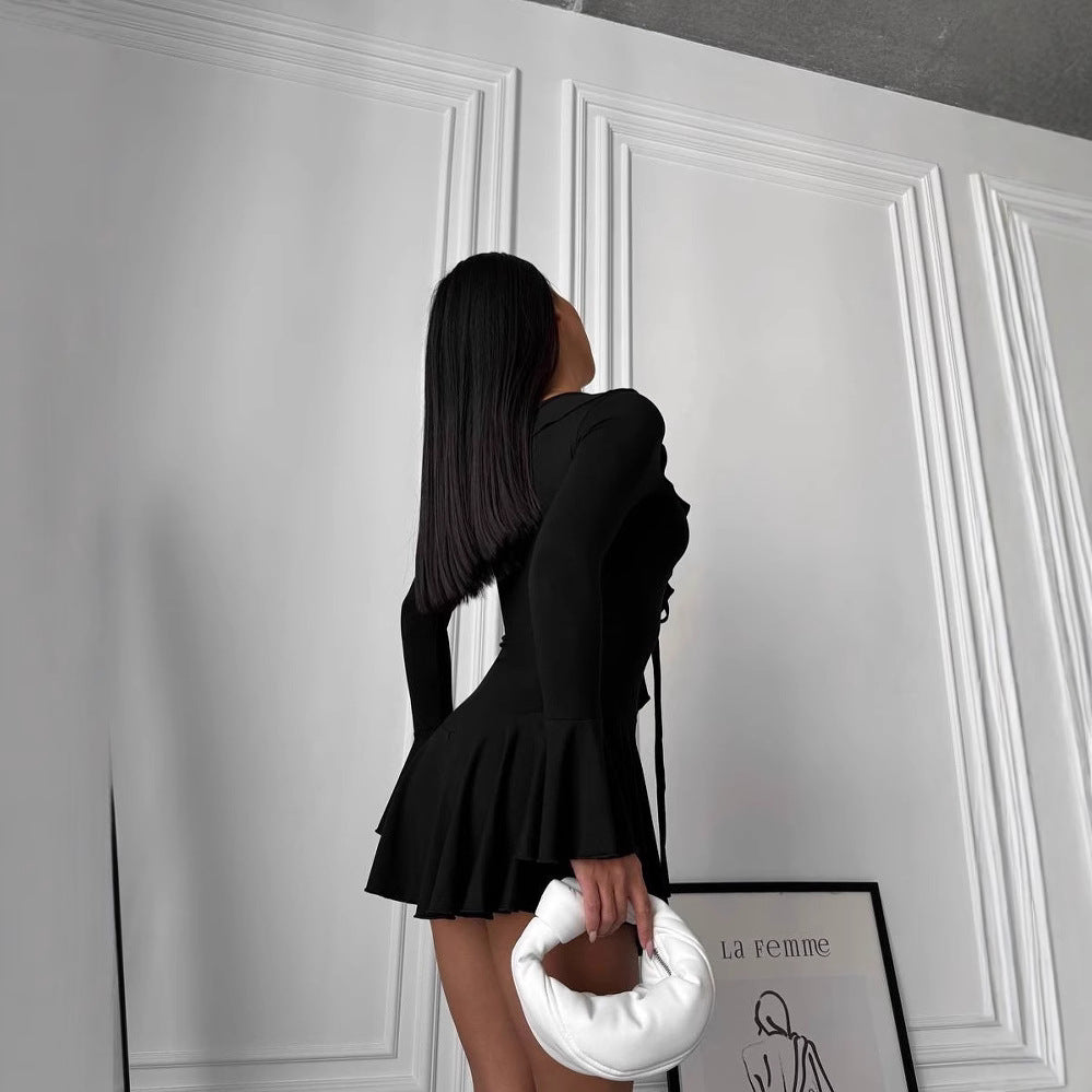 Women's Figure-Hugging Ruffled Mini Dress with V-Neck, Tie Band and Bell Sleeves Mune Fashion