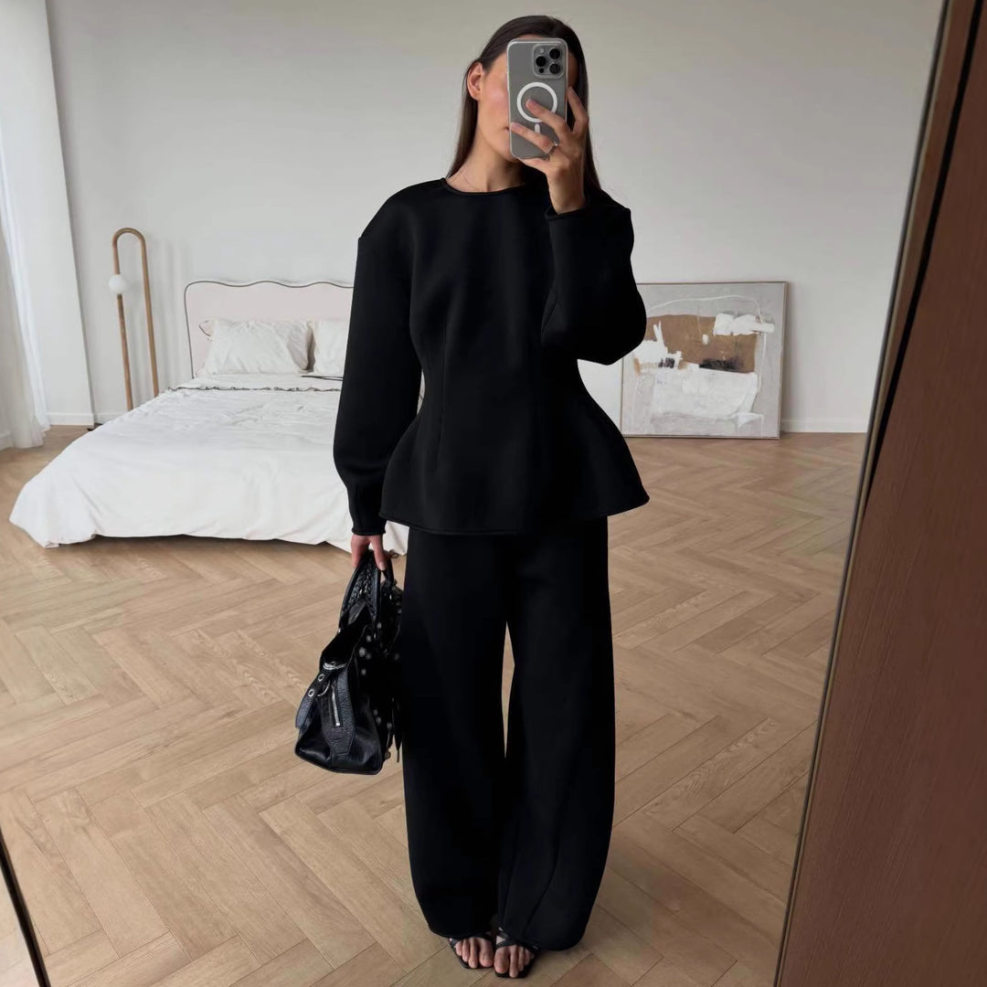Women's Tailored Peplum Top with Wiener Seams and Wide Lounge Pants Set Mune Fashion