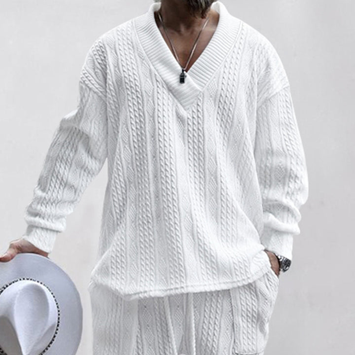Men's Oversize Cable Knit Sweater with Deep V-Neck Mune Fashion