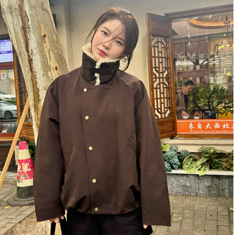 Ladies Short Oversize Boxy Jacket with Teddy Collar and Snap Button Closure Mune Fashion