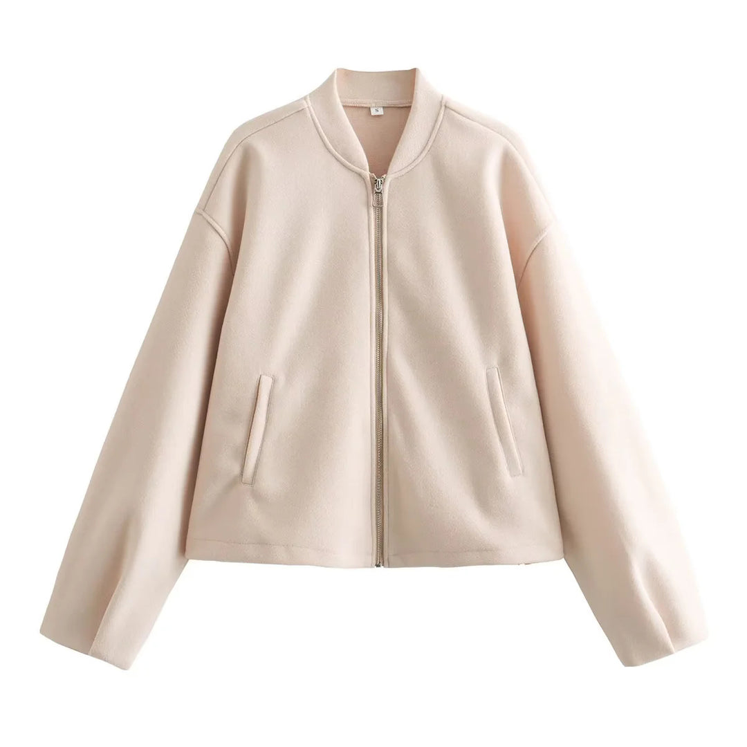 Women's cropped minimalist bomber jacket with concealed zipper and patch hand pockets Mune Fashion
