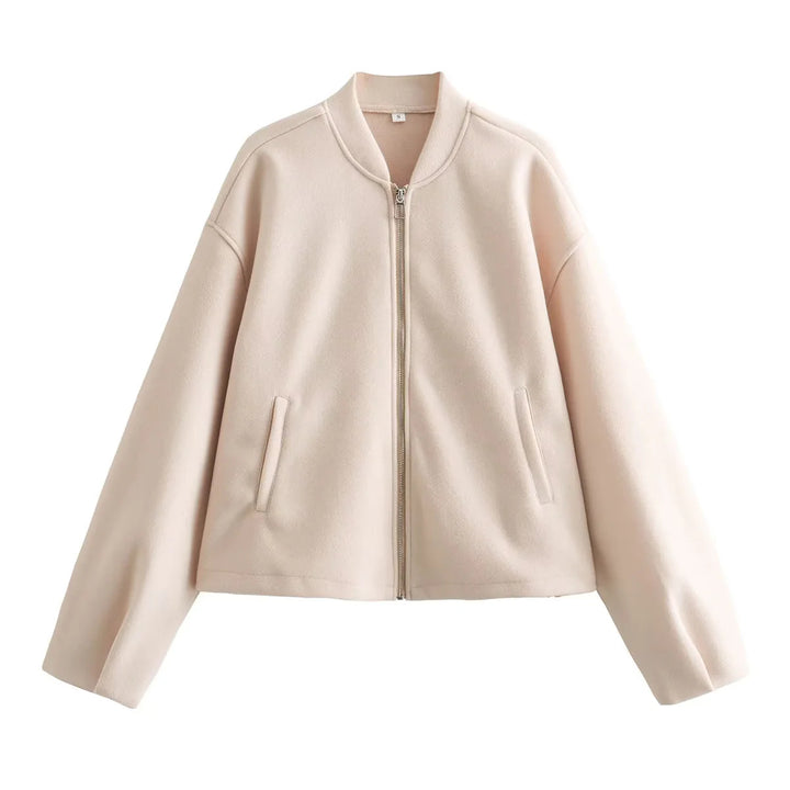 Women's cropped minimalist bomber jacket with concealed zipper and patch hand pockets Mune Fashion
