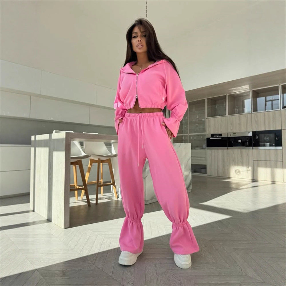 Women's Cropped Hoodie with Zipper and Tailored Drawstring Jogging Pants Mune Fashion