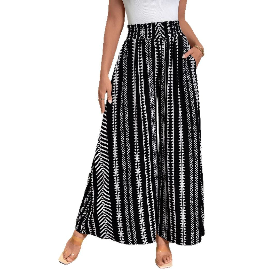 Women's Wide Palazzo Pants with High Smocked Waistband, Side Pockets & Graphic Stripe Pattern Mune Fashion