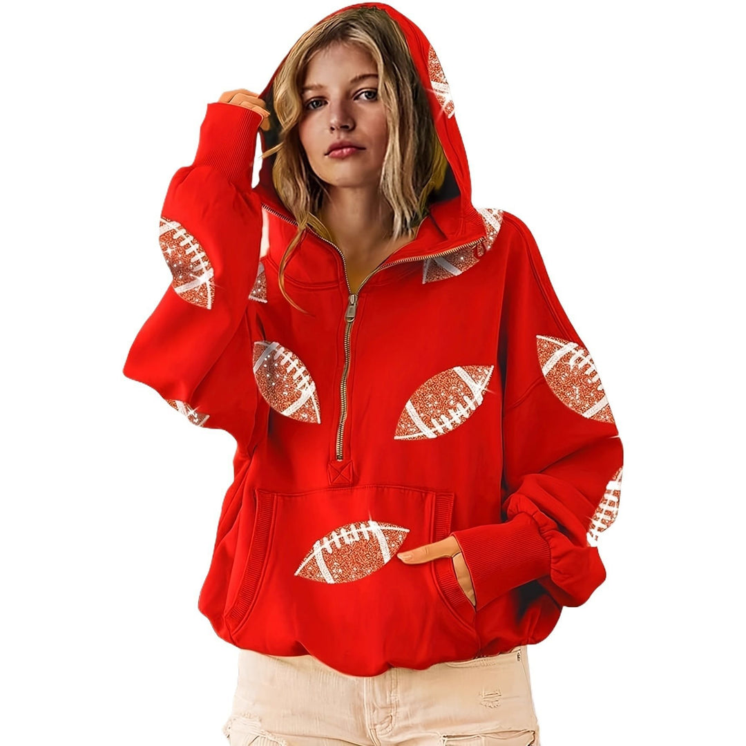 Women's Oversized Hoodie with Half Zipper and Sequin Football Application Mune Fashion