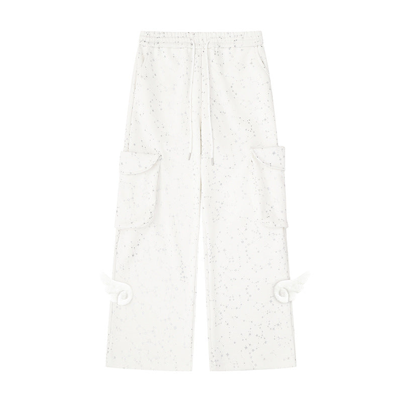 Women's Extra Wide Cargo Palazzo Sweatpants with Drawstring Waistband and Decorative Wing Appliqués Mune Fashion