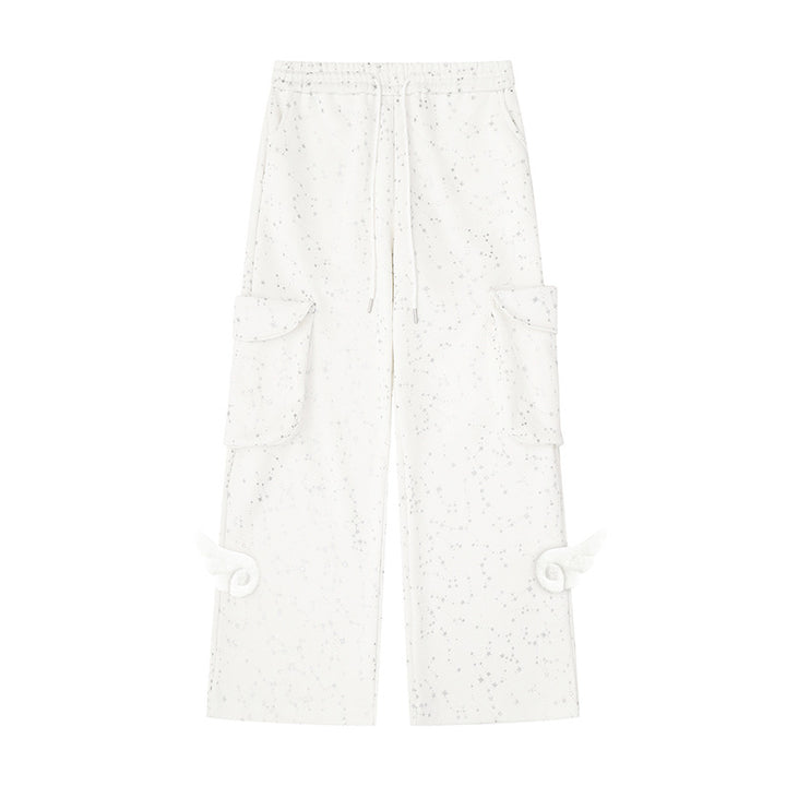 Women's Extra Wide Cargo Palazzo Sweatpants with Drawstring Waistband and Decorative Wing Appliqués Mune Fashion