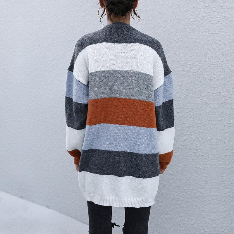 Women's Oversized Knit Cardigan with Block Stripes and Open Front Mune Fashion