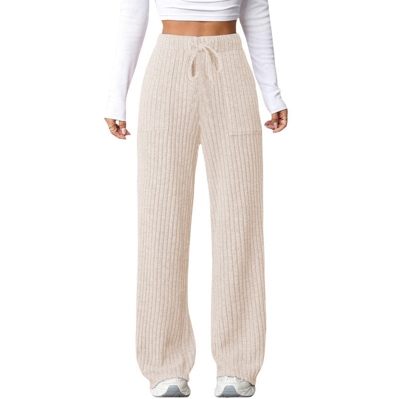 Ladies Wide Ribbed Lounge Pants with Drawstring and Patch Pockets Mune Fashion