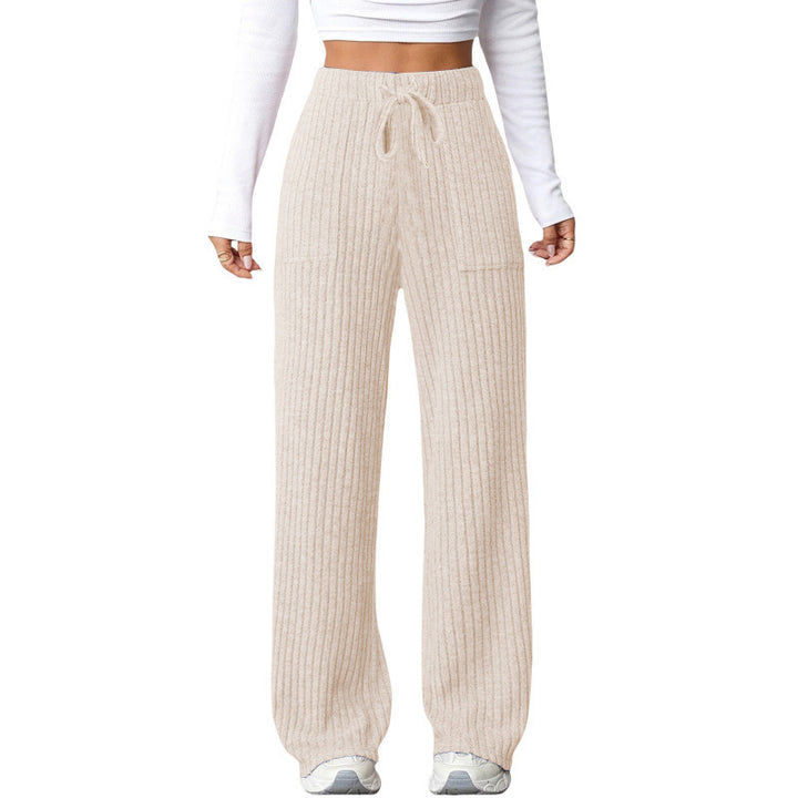 Ladies Wide Ribbed Lounge Pants with Drawstring and Patch Pockets Mune Fashion