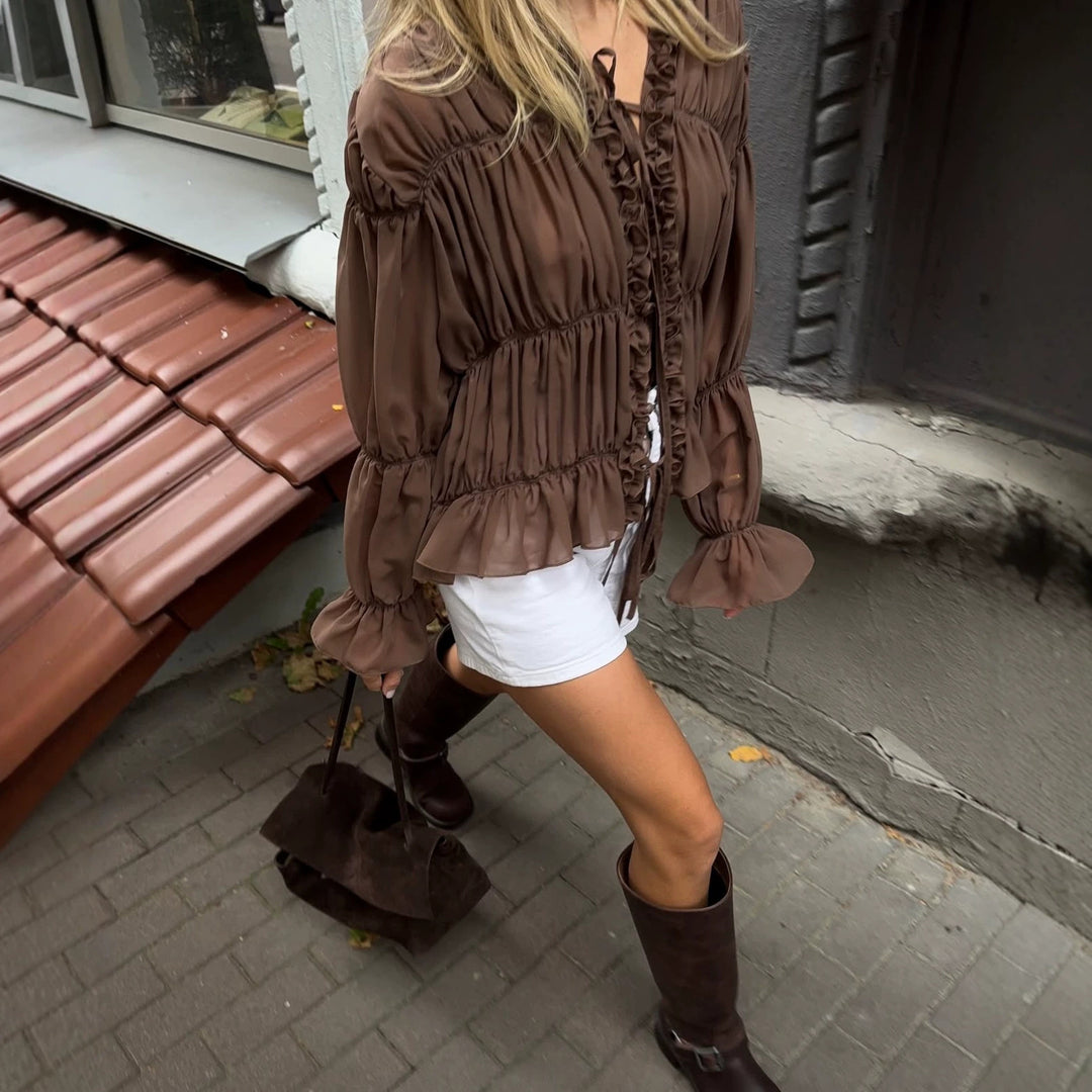 Women's chiffon blouse with ruffles, drawstring and gathered waist look Mune Fashion