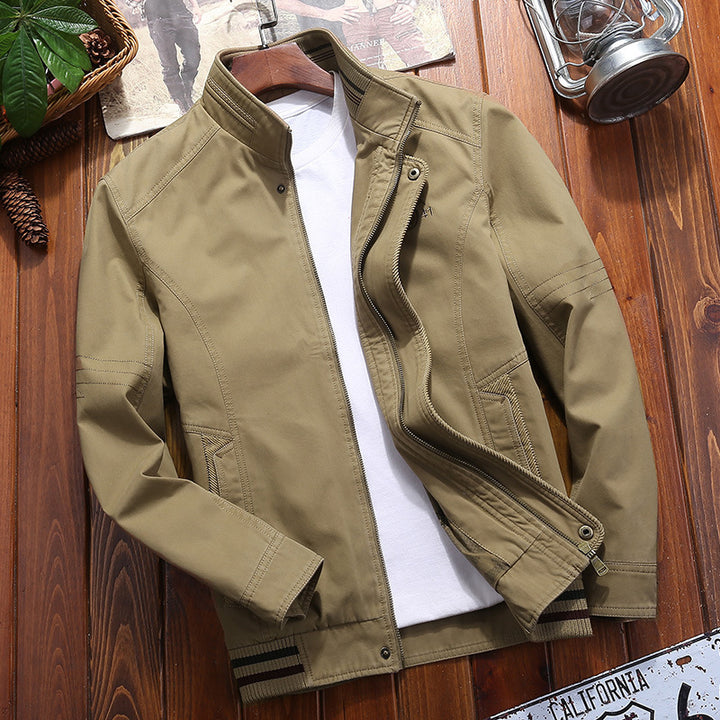 Men's canvas blouson with stand-up collar, camouflage lining and striped ribbed hem Mune Fashion