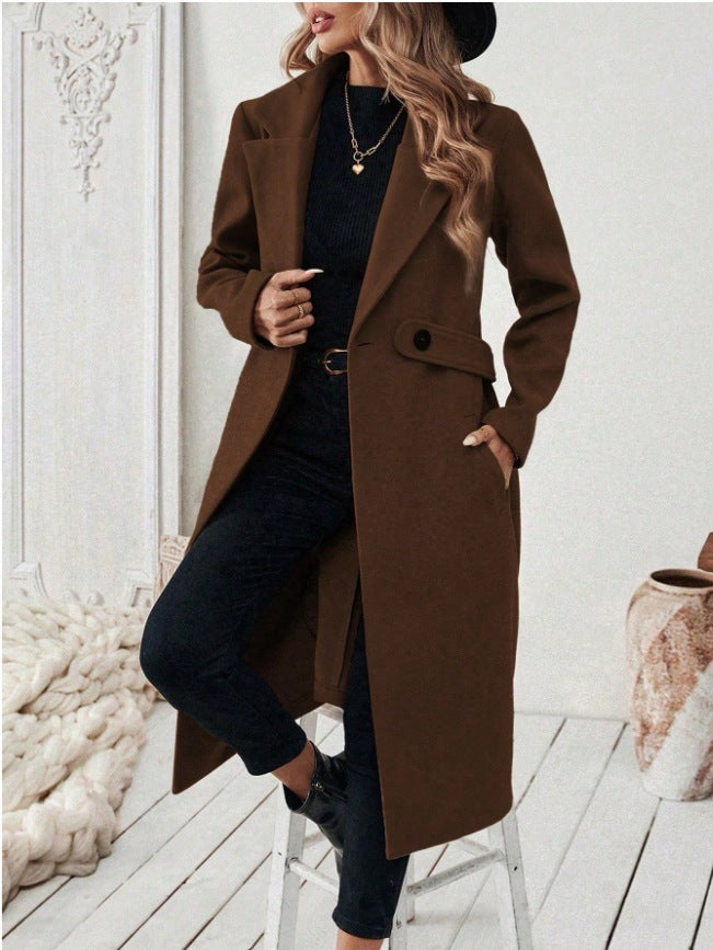 Women Longline Coat with Lapel Collar and Flap Pocket Detail Mune Fashion