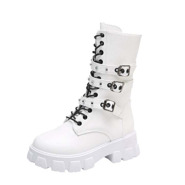 Women's platform biker boots with triple decorative buckle and chunky tread sole Mune Fashion