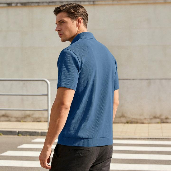 Men's Waffle Structure Short Sleeve Henley with Stand-Up Collar and Decorative Button Placket Mune Fashion