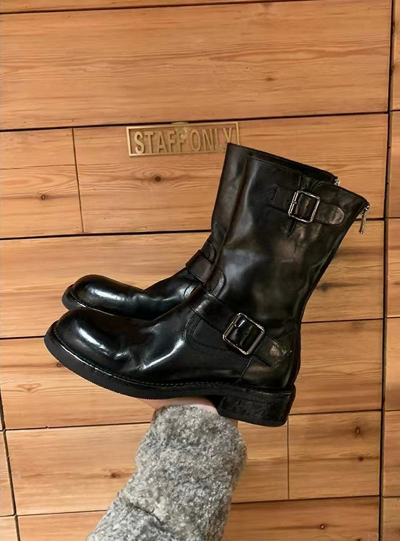 Ladies Calf-high Biker Boots made of Smooth Leather with Double Strap and Back Zipper Mune Fashion
