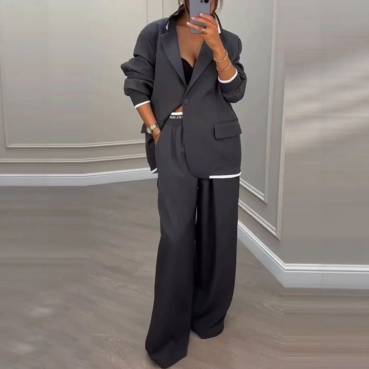 Women Oversized Blazer with Contrast Trim and High-Waist Palazzo Pants Two-Piece Set Mune Fashion