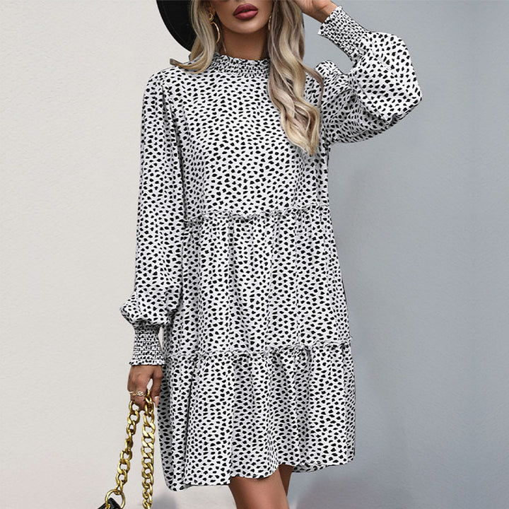 Women Loose Tiered Mini Dress with Smocked Collar, Ruffle Seam and Long Sleeves Mune Fashion
