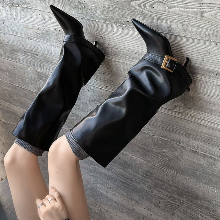 Ladies Knee-High Slouch Boots with Pointed Toe Shape, Slim Heel and Decorative Buckle Cuff Mune Fashion