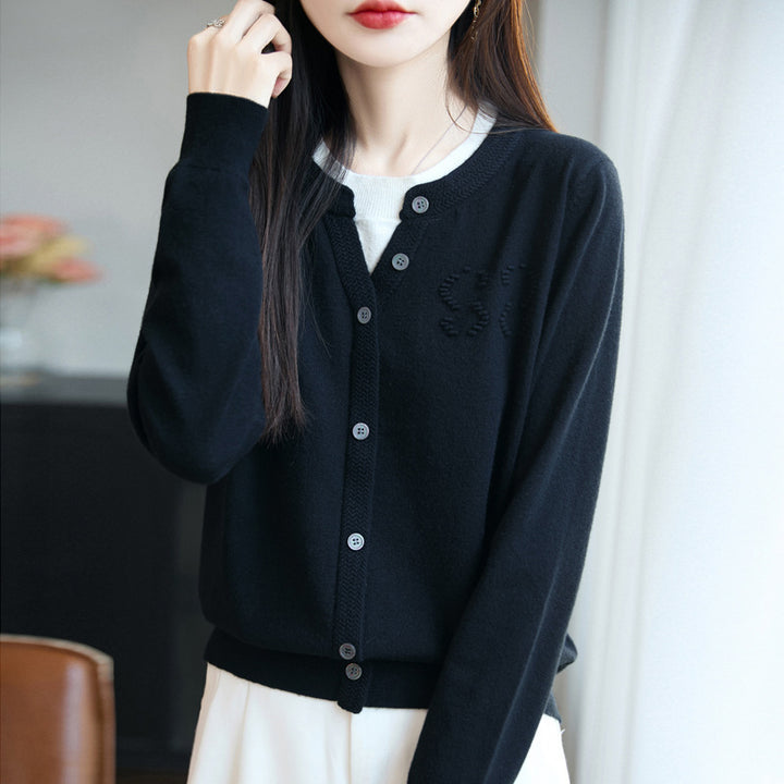 Women's Short Fine Knit Cardigan with V-slit Collar, Ribbed Trim and Subtle Structured Logo Mune Fashion