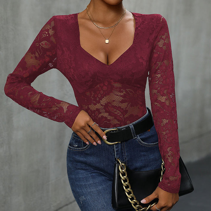 Women Figur-hugging Lace Bodysuit with Deep V-Square Neckline and Long Sleeves Mune Fashion