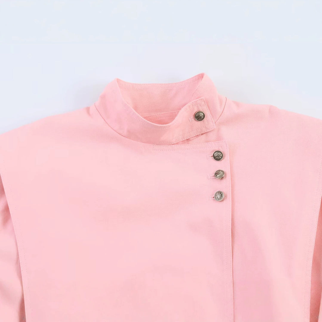 Women's short blazer in origami look with stand-up collar, asymmetric button placket, and patch pockets Mune Fashion