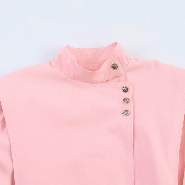 Women's short blazer in origami look with stand-up collar, asymmetric button placket, and patch pockets Mune Fashion