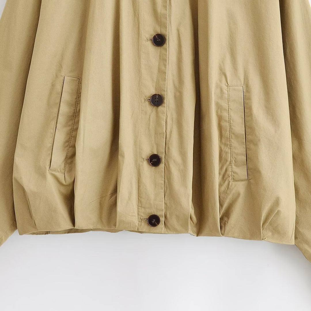 Women's Oversized Cropped Bomber Style Jacket with Shirt Collar and Gathered Hem Mune Fashion