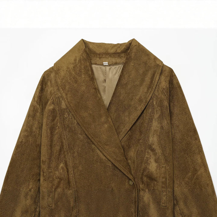 Women's Tailored Velvet Look Wrap Coat with Shawl Collar and Tied Belt Mune Fashion