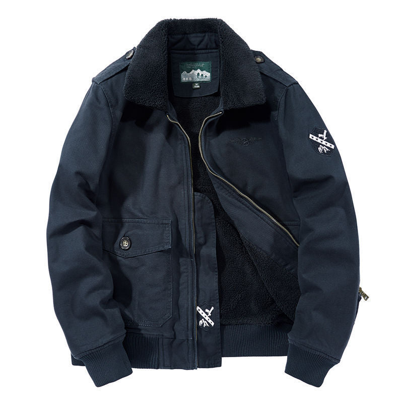 Men's bomber field jacket with continuous Sherpa lining, shoulder flaps, and concealed two-way zipper Mune Fashion