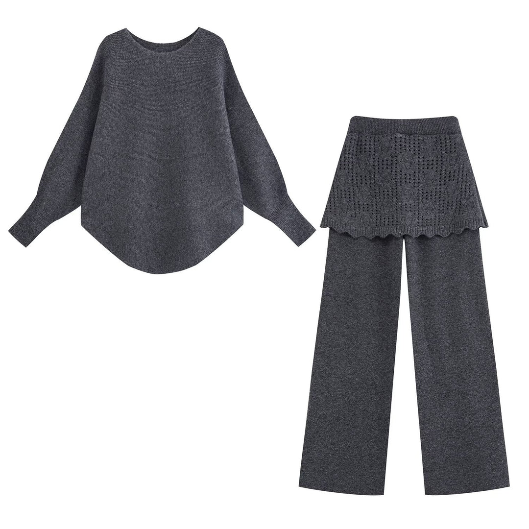 Ladies Two-Piece Knit Set with Oversized Sweater, Lace Pattern Mini Skirt and Wide Palazzo Pants Mune Fashion