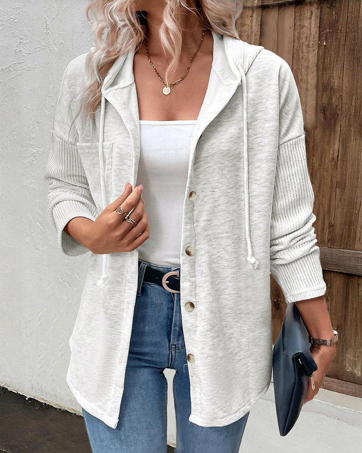 Women's hooded cardigan with button placket, contrasting ribbed sleeves, and casual longline silhouette Drune