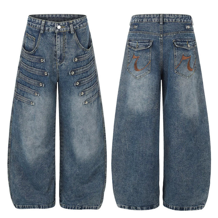 Women's Wide Denim Palazzo Jeans with Decorative Stitching and Decorative Button Details Mune Fashion