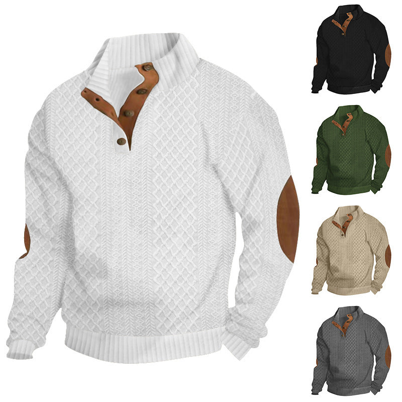 Men's Structured Cable Knit Henley Sweater with Leather Patch on Elbows & Placket Mune Fashion