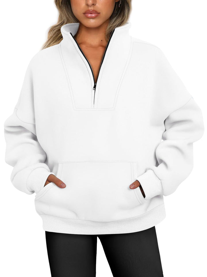 Women's oversized half-zip hoodie with high stand collar, kangaroo pocket, and ribbed cuffs Mune Fashion