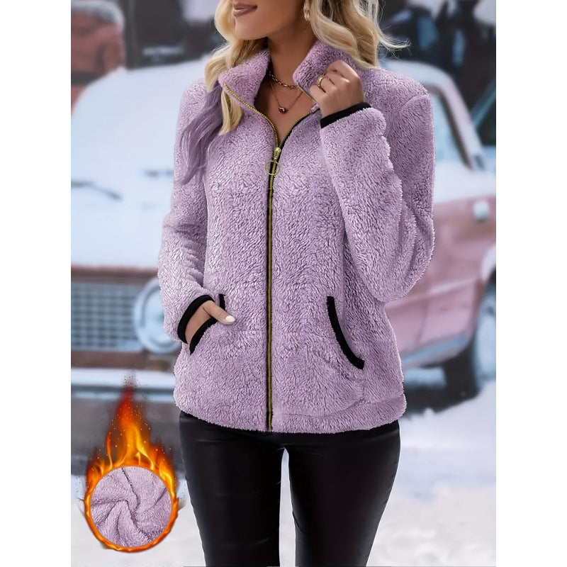 Women's thermal sherpa fleece jacket with stand-up collar, contrast edges and ring zipper Mune Fashion