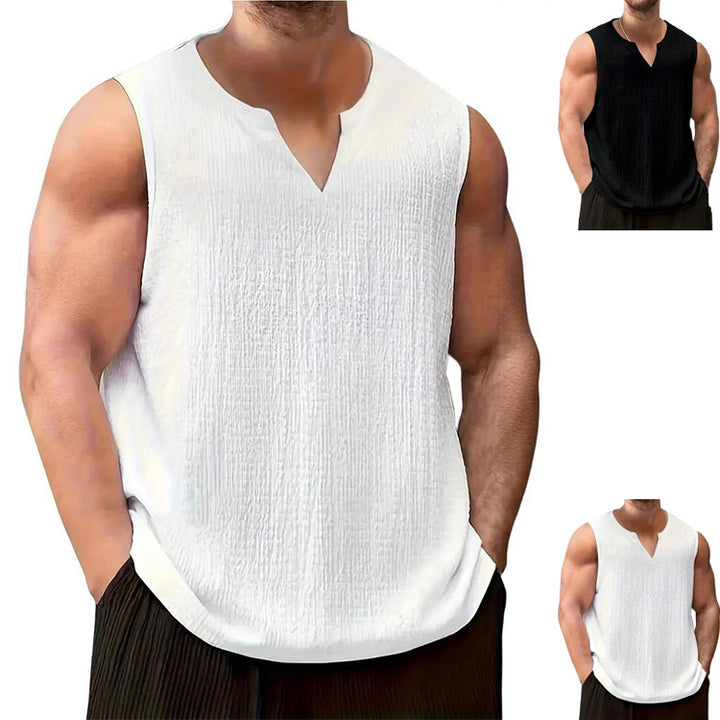 Men's casual crinkle cotton top with notch neckline and rounded hem Mune Fashion