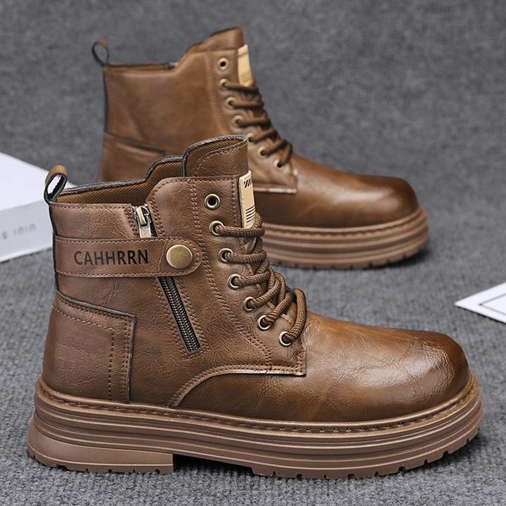 Men's robust leather look combat boots with side zipper and padded platform sole Mune Fashion