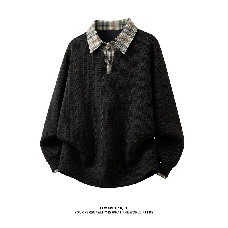 Men's layered look pullover with integrated check shirt collar Mune Fashion