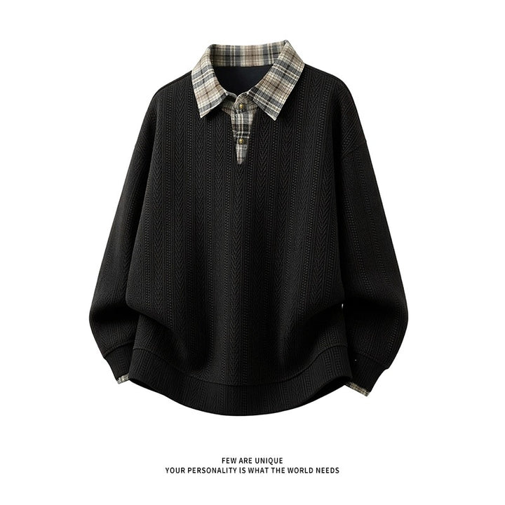 Men's layered look pullover with integrated check shirt collar Mune Fashion