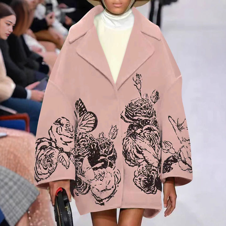 Ladies Oversized Wool Blend Coat with Floral Print and Embroidery Look Mune Fashion