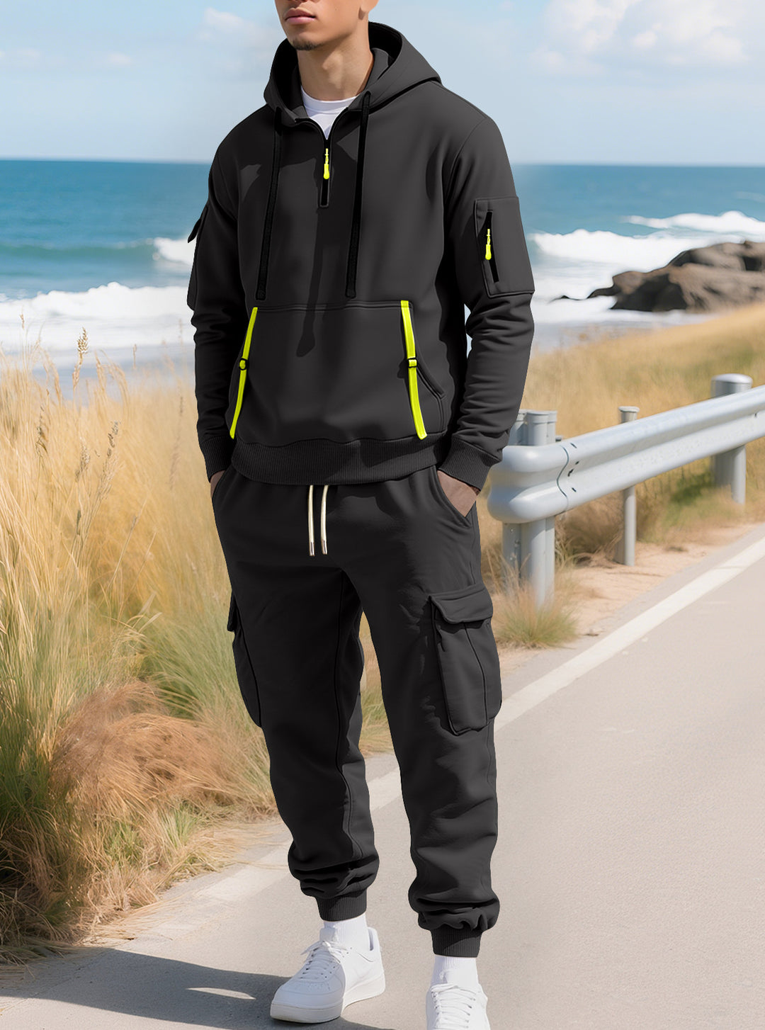 Men's casual half-zip hoodie with kangaroo pocket and cargo jogging pants with zipper details Mune Fashion