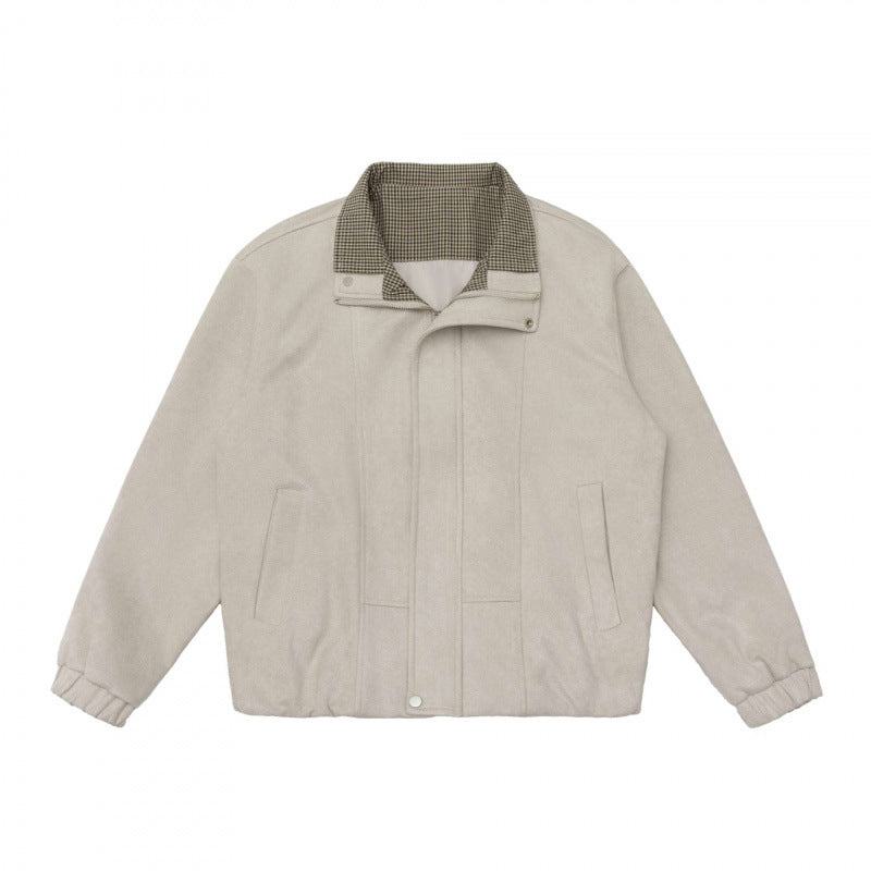Men's short cut padded blend jacket with stand-up collar, hidden snap button placket, and checkered lined collar Mune Fashion